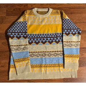Mens Geometric Fair Isle Knit Sweater Yellow Blue Brown Crew Neck Pullover Large